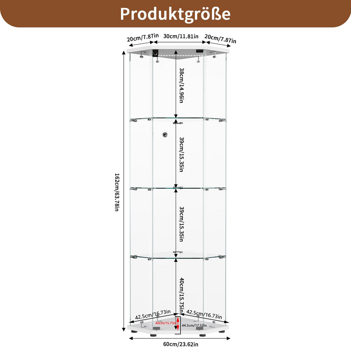 VITRINE mit RGB LED Beleuchtung - Eckvitrine mit 4 Ebenen und 1 Glastür - Glaskvitrine mit Schloss - Weiß - Weiß, Glas (60/162/42.5cm) - DELFA