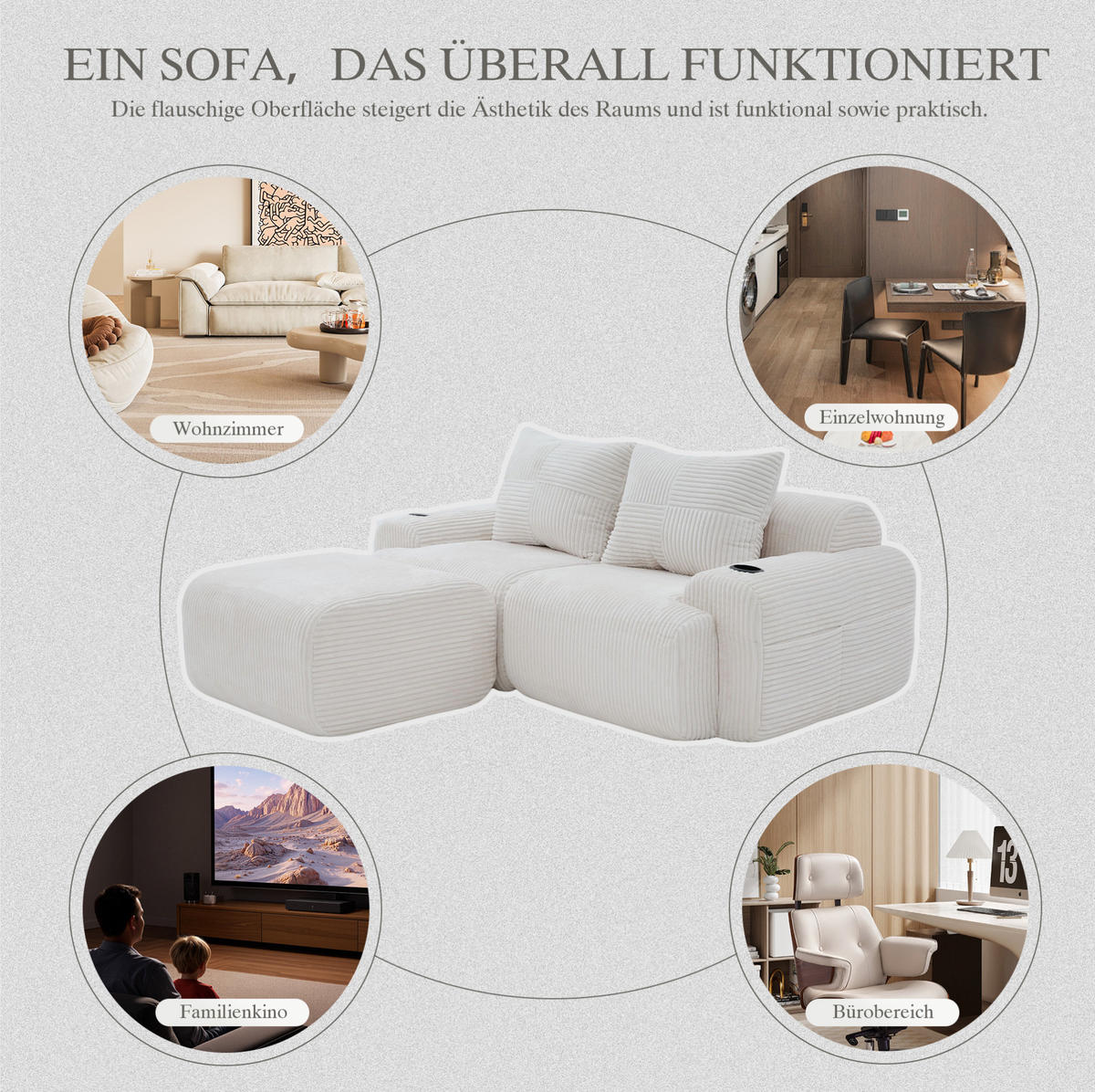MODULARES 2-Sitzer Sofa Cord mit Getränkehalter und Seitentasche 200/174/80 cm Beige - Beige, Textil (174/200cm) - Redom