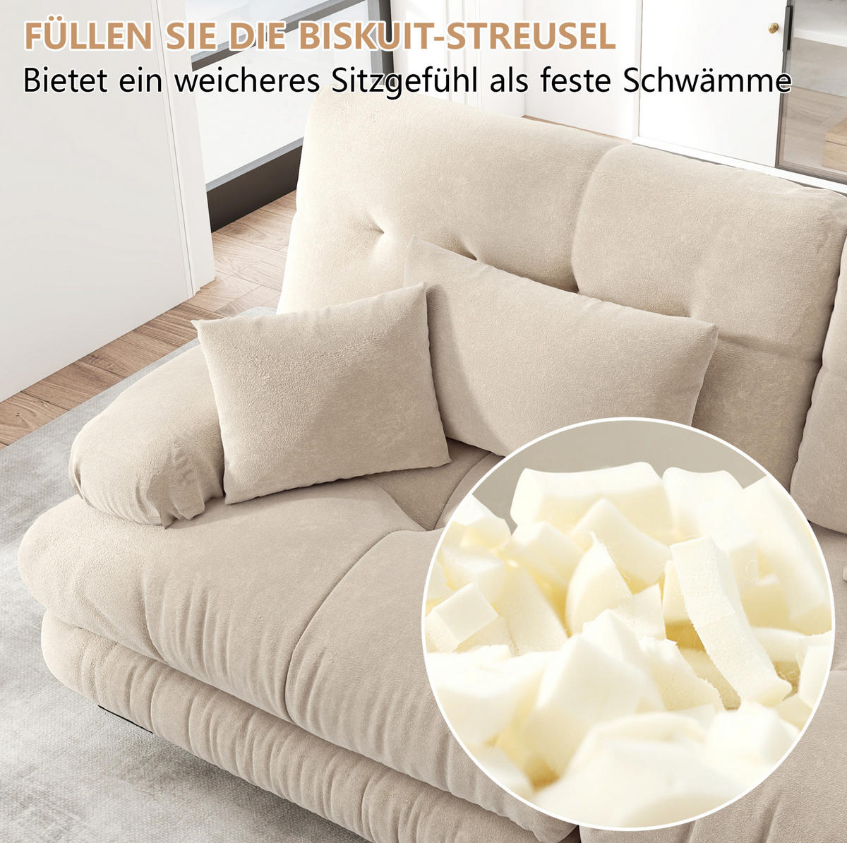 ECKSOFA modular mit beweglichen Ottomane, breiten Armlehnen und Kissen, Hellkaffee - Cappuccino, Textil (220/145cm) - Redom