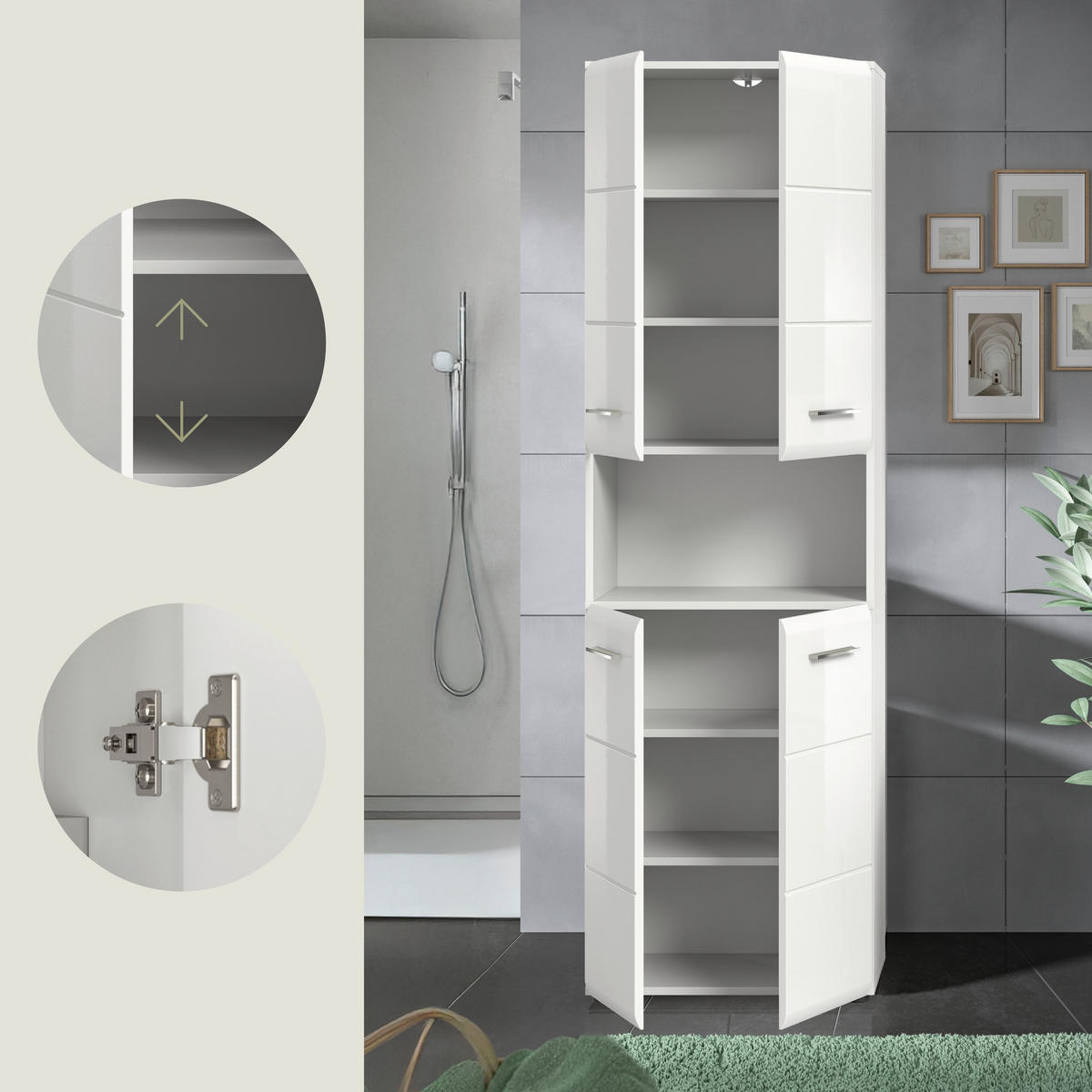 HOCHSCHRANK breit Ice Bad in weiß Nachbildung und weiß hochglanz B/H/T: 60x185x30 cm - Weiß, Holz (60/185/30cm)