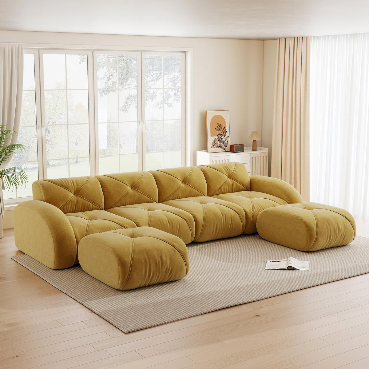 4-SITZER Sofa 358×171×76 cm Chenille rahmenlos modular mit 2 Hockern, gelb - Gelb, Textil (171/76/358cm) - Luhomfu