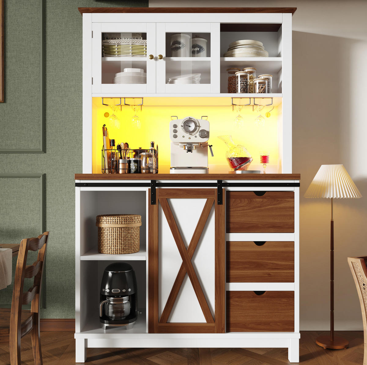 BUFFETSCHRANK 104/40/180 cm mit LED-Beleuchtung, App-Steuerung und Schiebetür mit Glasfront, Weiß - Weiß, Glas (104/180/40cm) - Redom