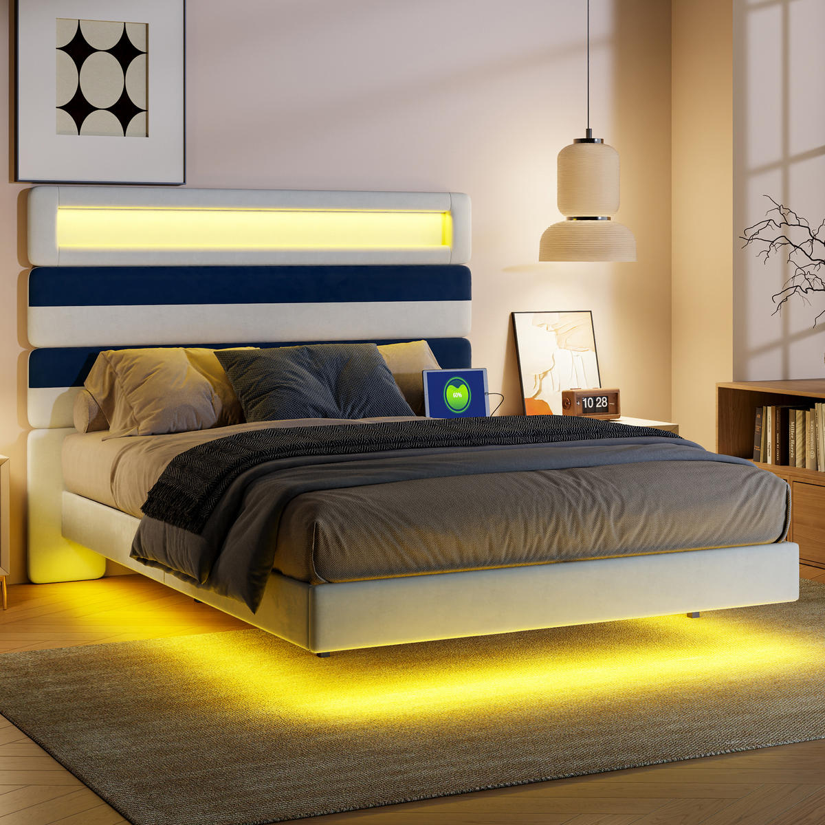 POLSTERBETT 140/190 cm mit RGB-LED-Beleuchtung am Kopfteil und unter dem Bett, USB-Anschluss, zweifarbig gestreiftes Kopfteil - Weiß, Holz/Metall (140/190cm) - Joyfair