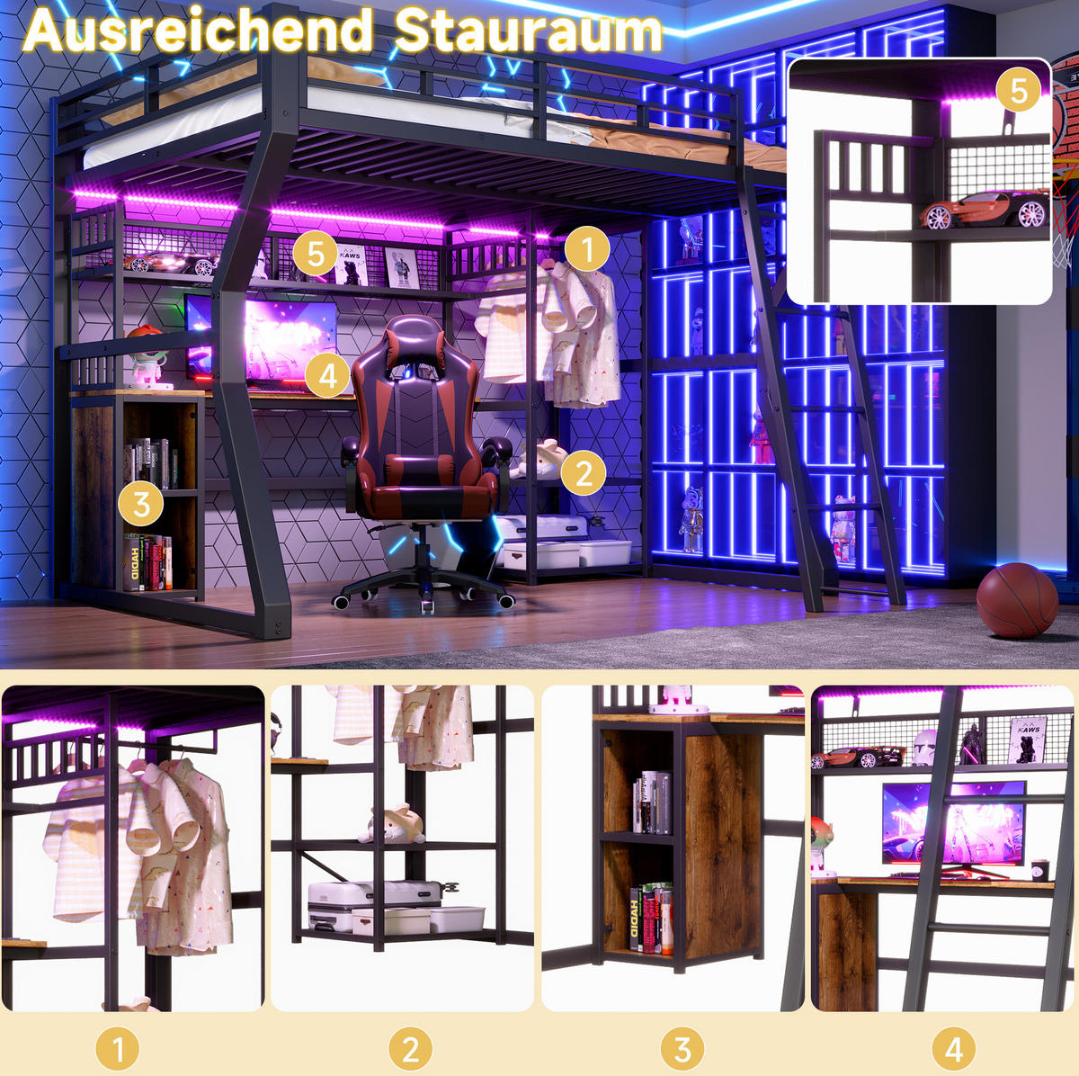 HOCHBETT 140x200 cm in Schwarz mit Schreibtisch, Lichtleiste und Steckdose - Schwarz, Holzwerkstoff (140/200cm) - IVMEU