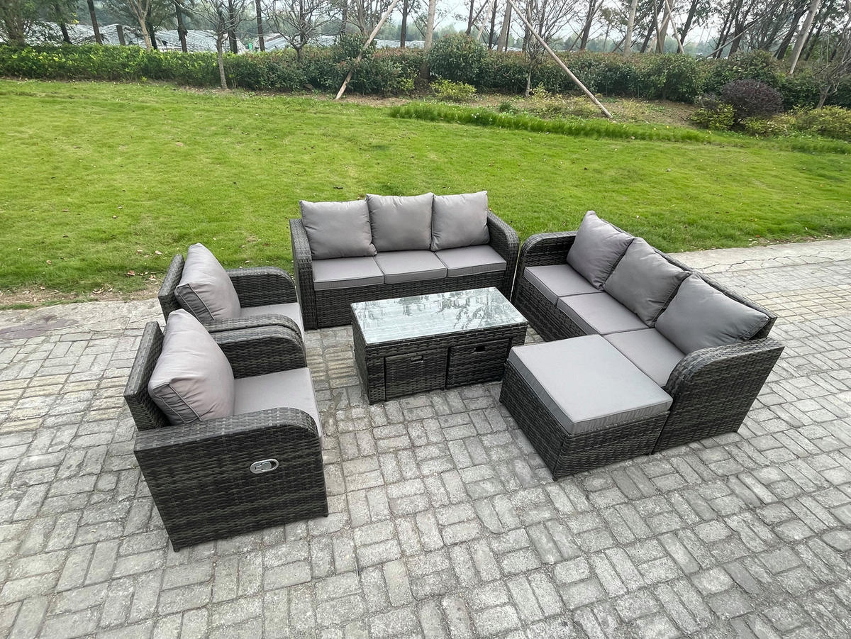GARTENSOFA SET mit rechteckigem COUCHTISCH Polyrattan 9-Sitzer Dunkelgrau - Dunkelgrau/Grau, Glas/Kunststoff - Fimous