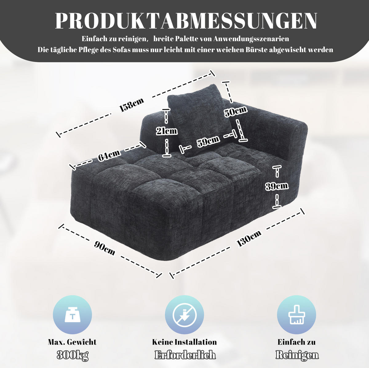 SOFA od ženilije, 158/90/60 cm crna, s ležaljkom i bočnim džepovima - crna, tekstil (60/158/90cm) - BEAOK