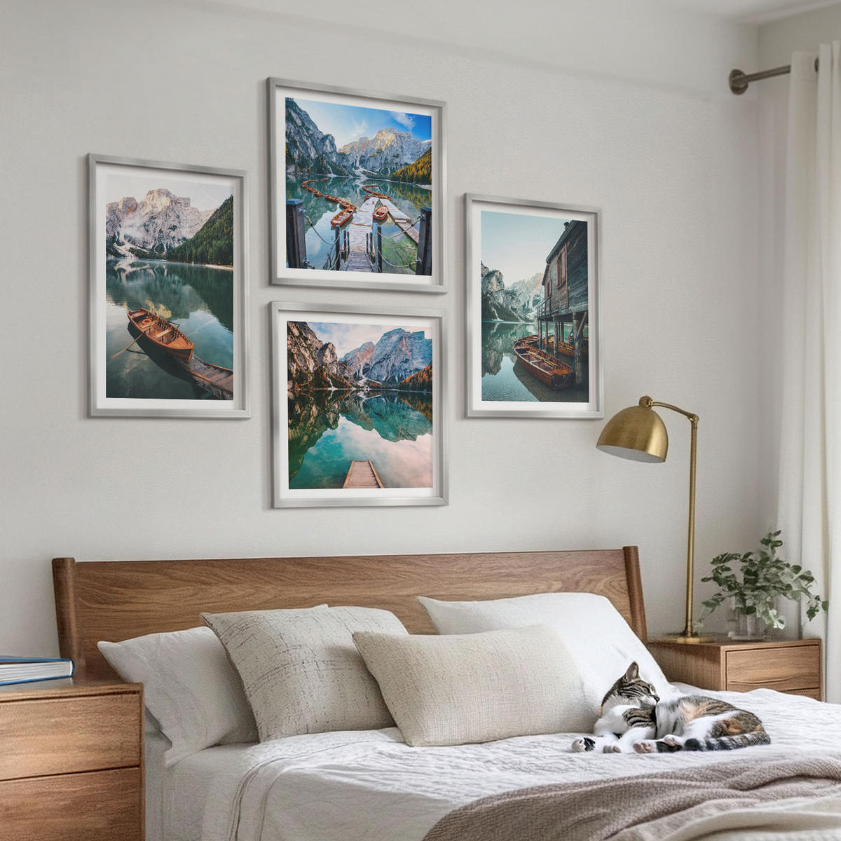 BILDER SET 4er Set - 50x50 cm & 40x60 cm Silberner Rahmen - See, Berge, Boote, Ferienhaus - Silberfarben, Kunststoff (50/50cm) - TULUP