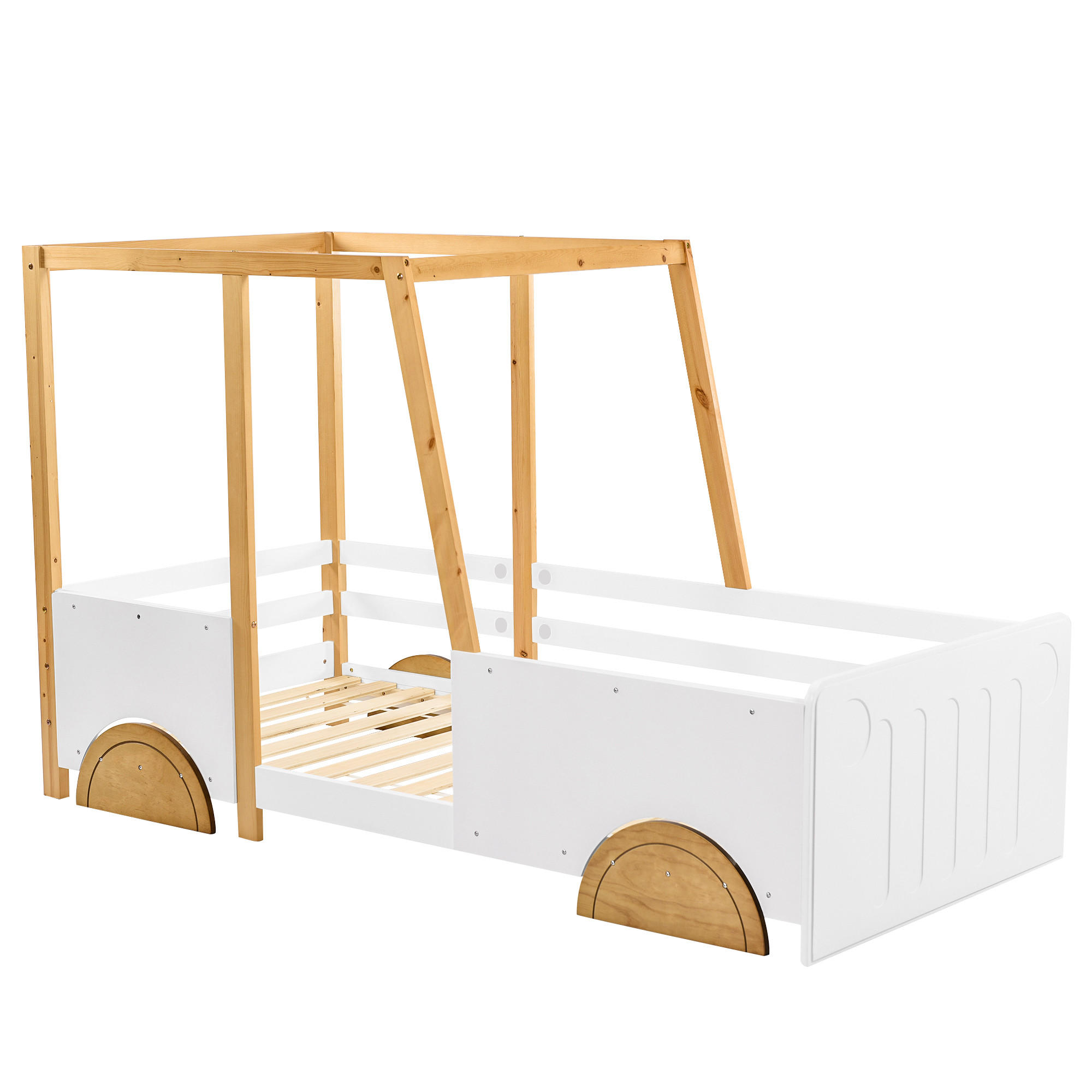 AUTOBETT 90/200 cm in Weiß & Natur im Auto-Design mit Schutzzäunen - Weiß/Naturfarben, Holz/Holzwerkstoff (90/200cm) - CHICFURN