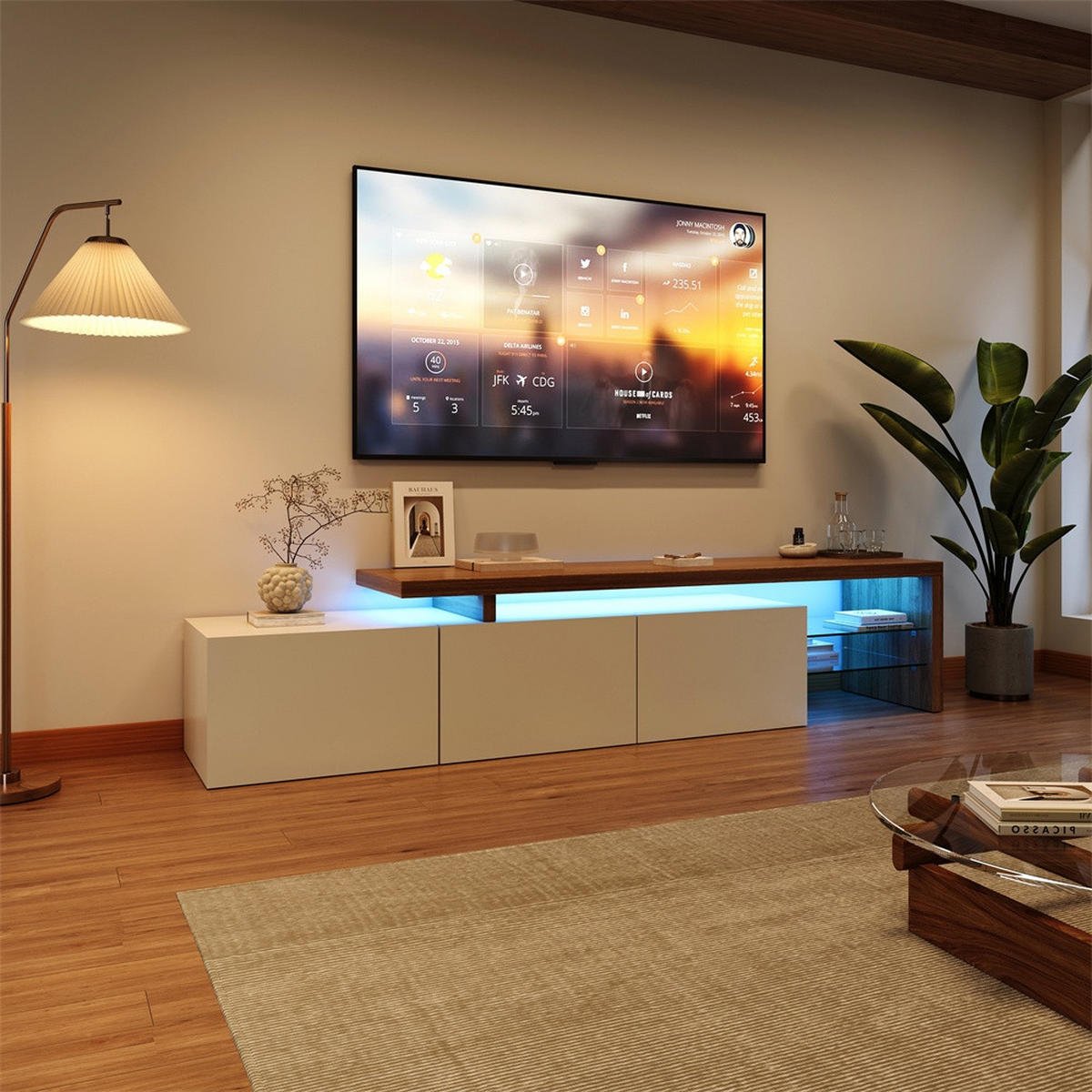 TV-LOWBOARD - TV-Schrank mit LED-Beleuchtung - offenem Glasregal und Stauraum - Weiß+Natur - Weiß, Holzwerkstoff (39/42/200cm) - DELFA
