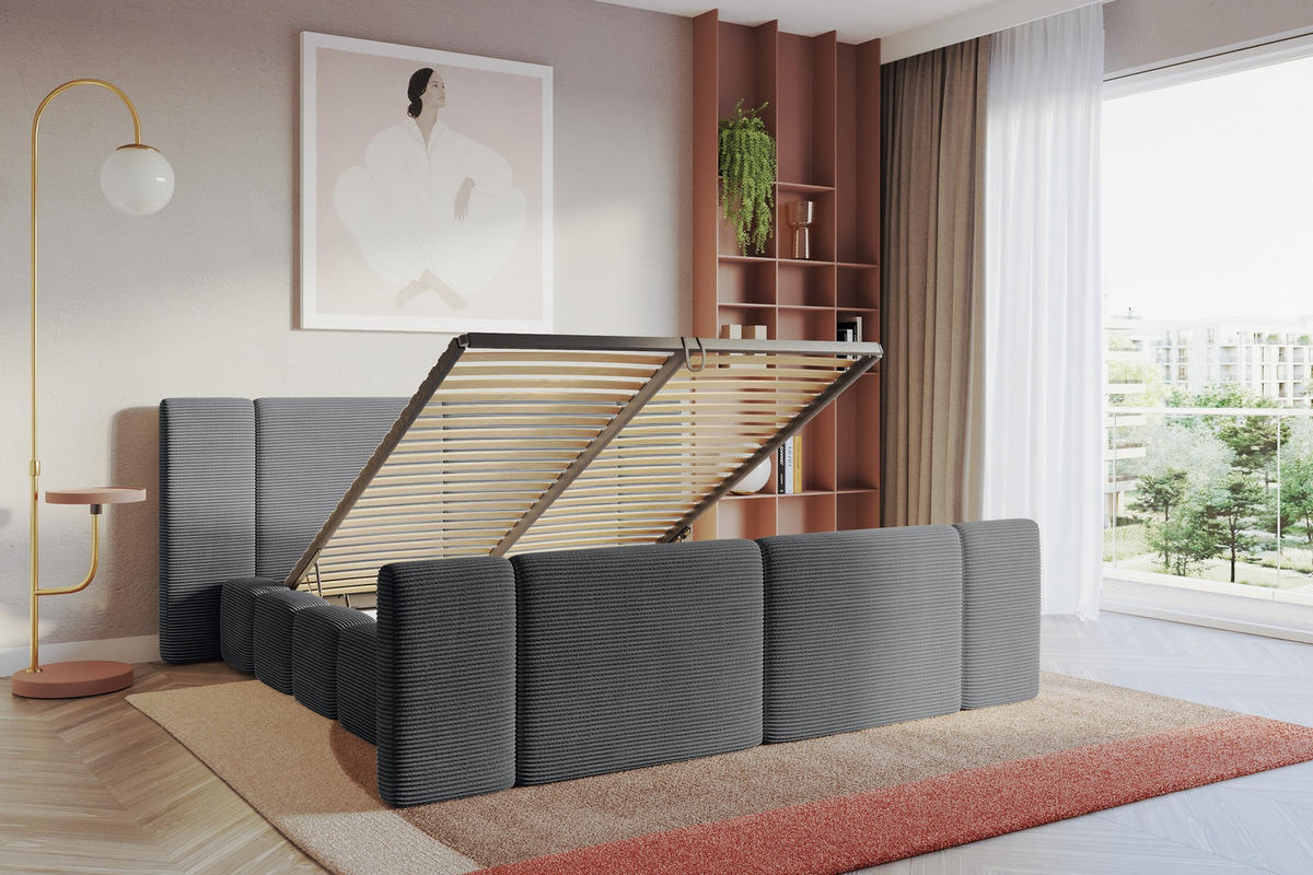 POLSTERBETT mit Bettkasten, Fußteil und Lattenrost, Bett mit Matratze H3/H4 - NILO-Z 200x200 Dunkelgrau - Graphitfarben, Holzwerkstoff/Textil (200/200cm) - ALTDECOR
