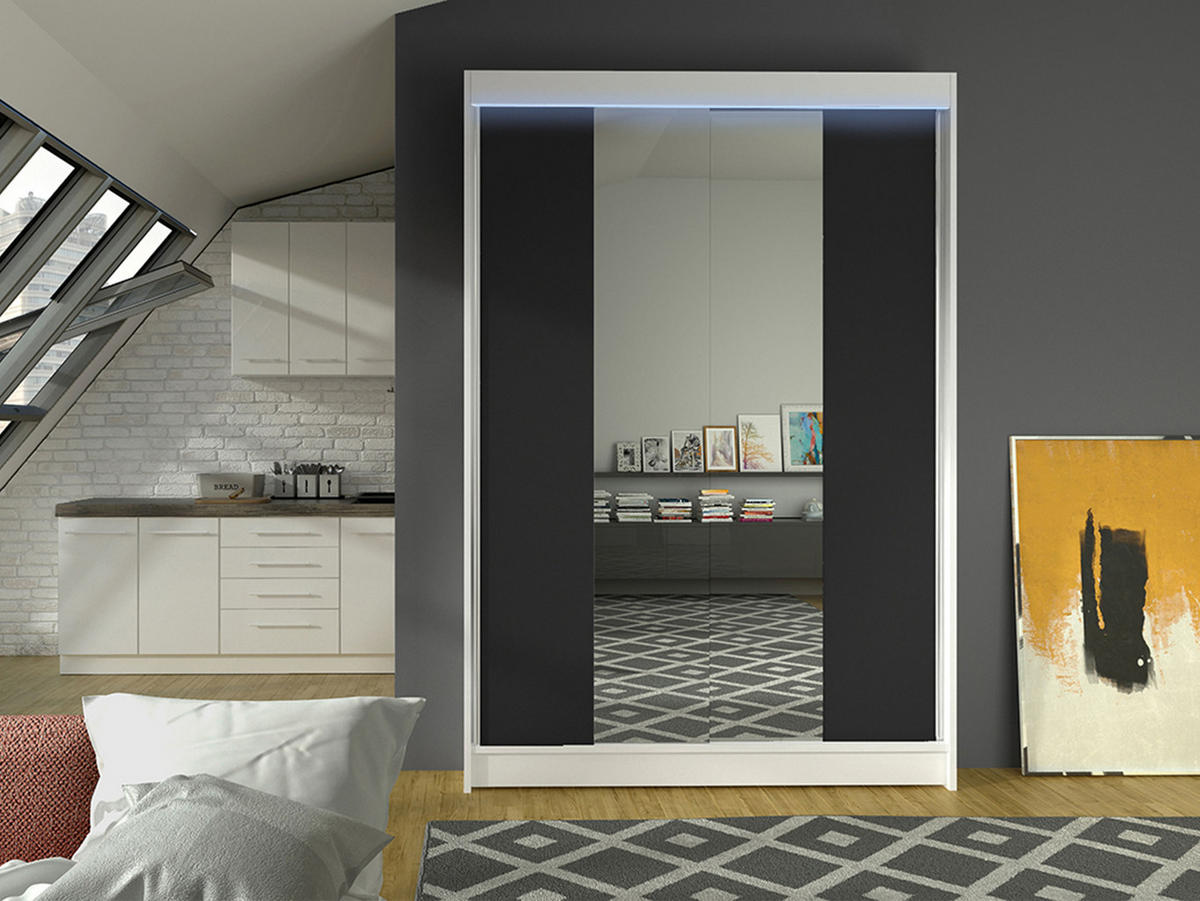 SCHWEBETÜRENSCHRANK Lino II mit RGB LED Beleuchtung - Schwarz/Weiß, Holzwerkstoff/Metall (120/200/58cm) - MIRJAN24