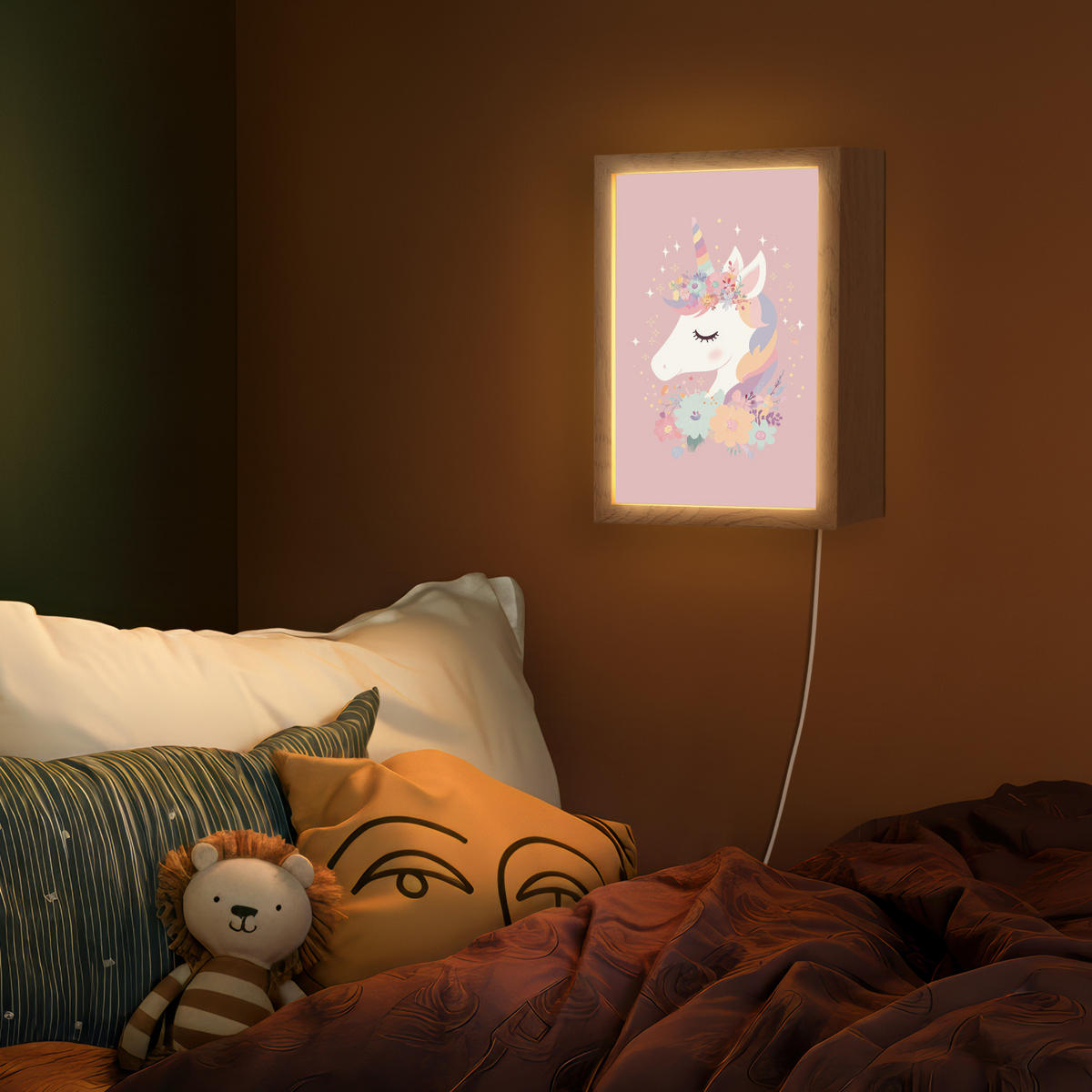 NÁSTĚNNÁ LAMPA Jednorožec - růžová - květiny 20x30 cm - růžová, kompozitní dřevo (20/30/8cm) - OnlyWow