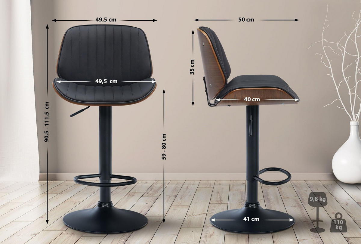 BARHOCKER Nova 90-111x49,5x50 cm Walnuss/Schwarz - Nussbaumfarben, Leder (49.5/90/50cm) - furnicato