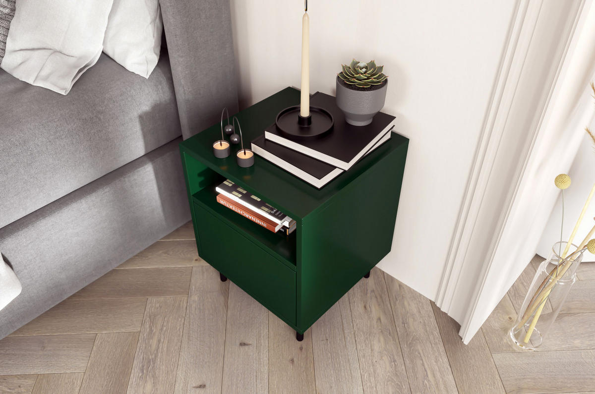 NACHTTISCH Mirka, Grün, Push to Open System, Minimalistisch - Dunkelgrün/Schwarz, Holzwerkstoff/Metall (40/47/40cm) - Dancan