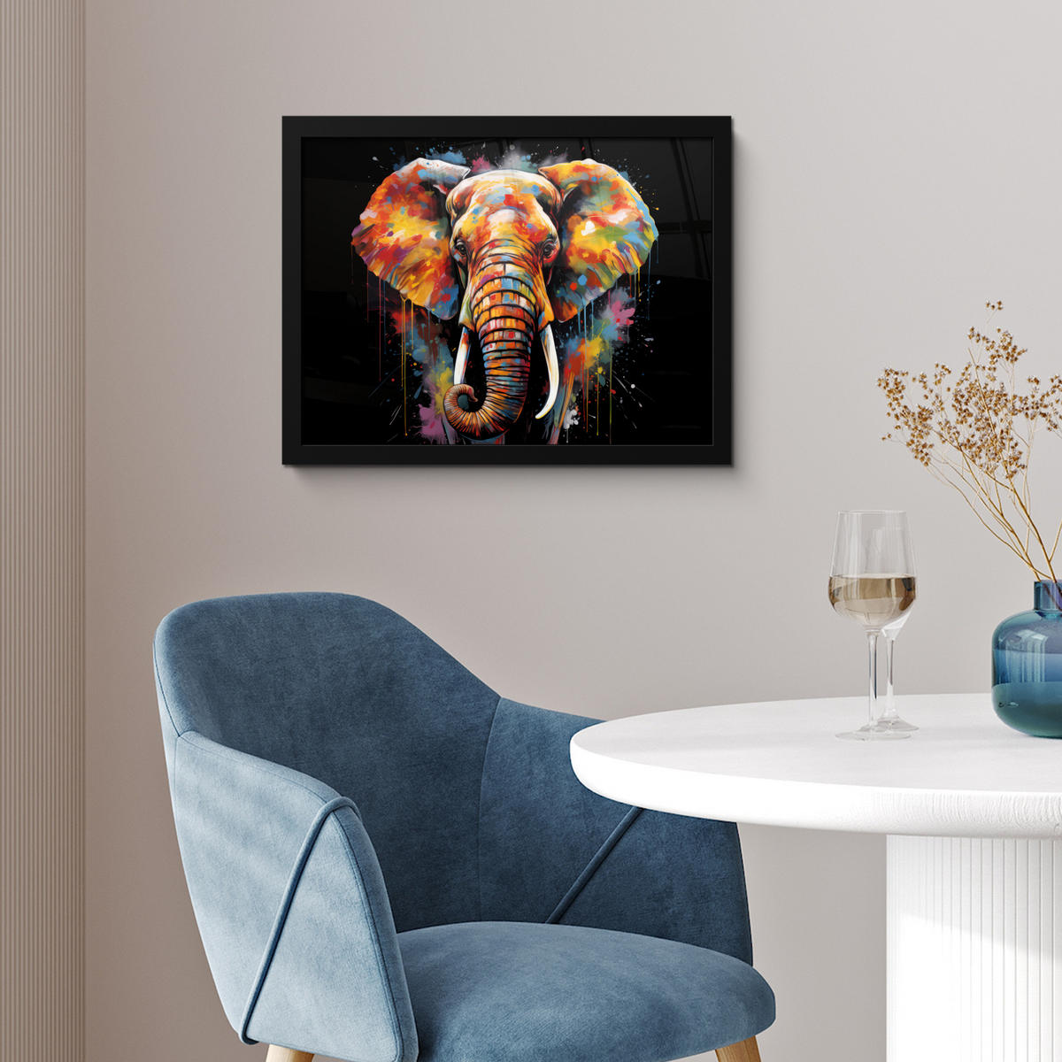 POSTER MIT RAHMEN Elefant - Graffiti - Schwarz - Tiere - Farben 40x30 cm - Schwarz, Papier (40/30cm) - MuchoWow