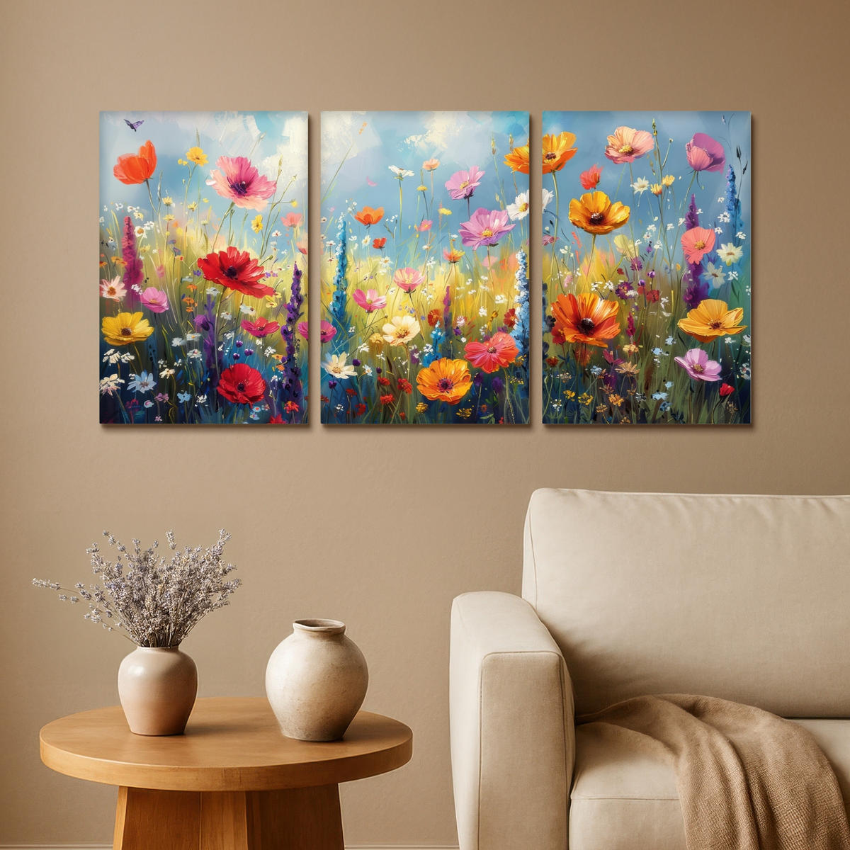 LEINWANDBILD 3er Set Blumen - Frühling - Farbenfroh - Sommerlich 120x60 cm - Orange, Textil (120/60cm) - MuchoWow