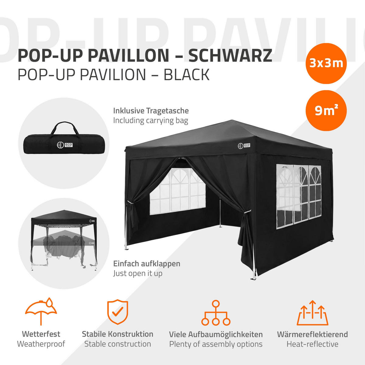 POP UP PAVILON 3x3 m, černý, skládací pavilon, vodotěsný, stabilní, se 4 bočními stěnami - černá, textil (300/260/300cm) - ECD-Germany