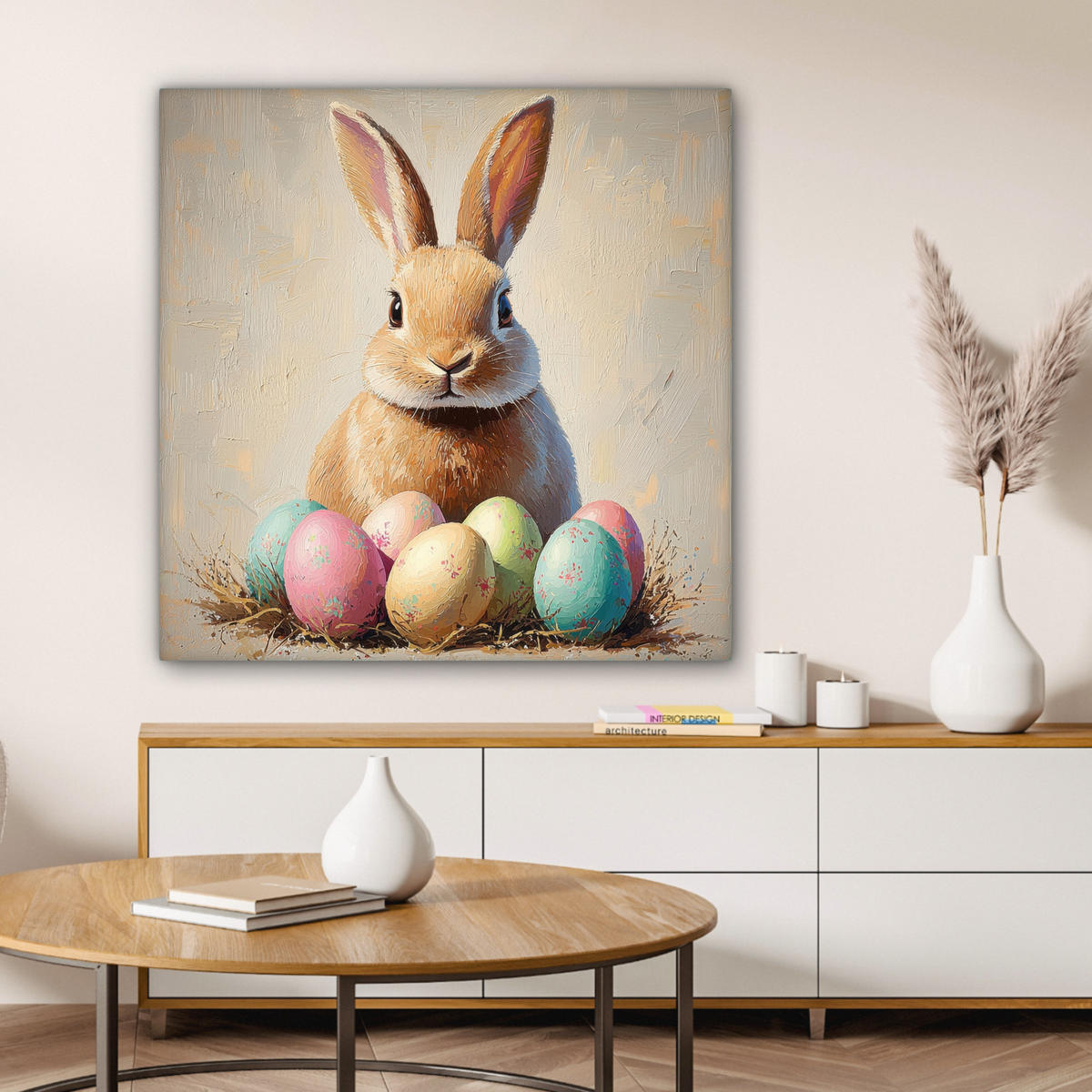 LEINWANDBILD Osterhase - Pastell - Eier Deko Groß 90x90 cm - Beige, Textil (90/90cm) - MuchoWow