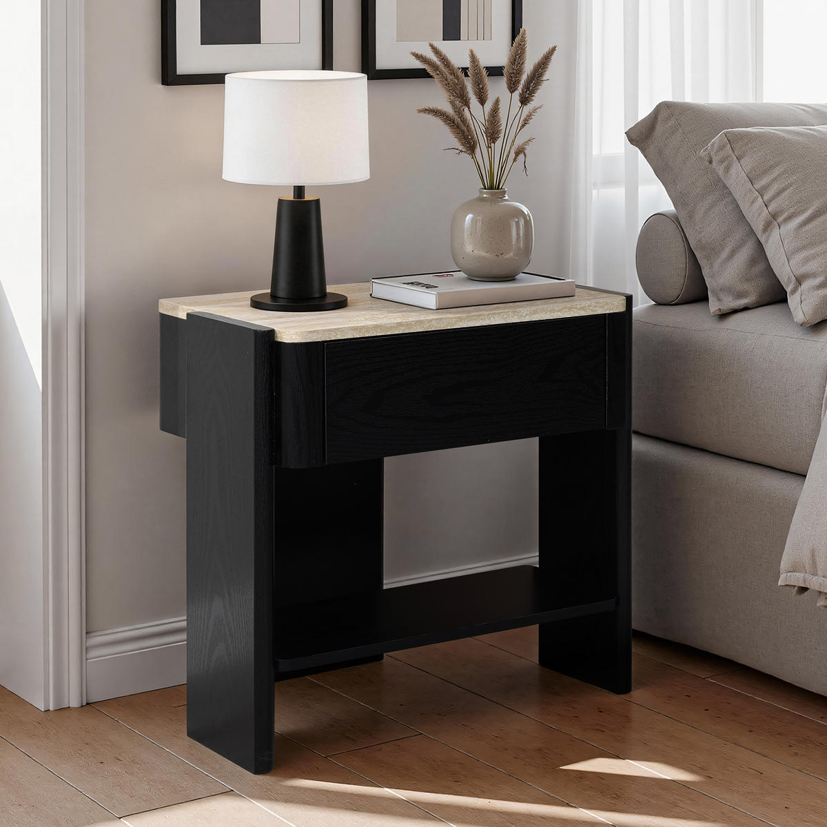NACHTTISCH schwarz, B 55 × T 40 × H 53 cm - Schwarz, Holz (55/53/40cm) - Hometopia