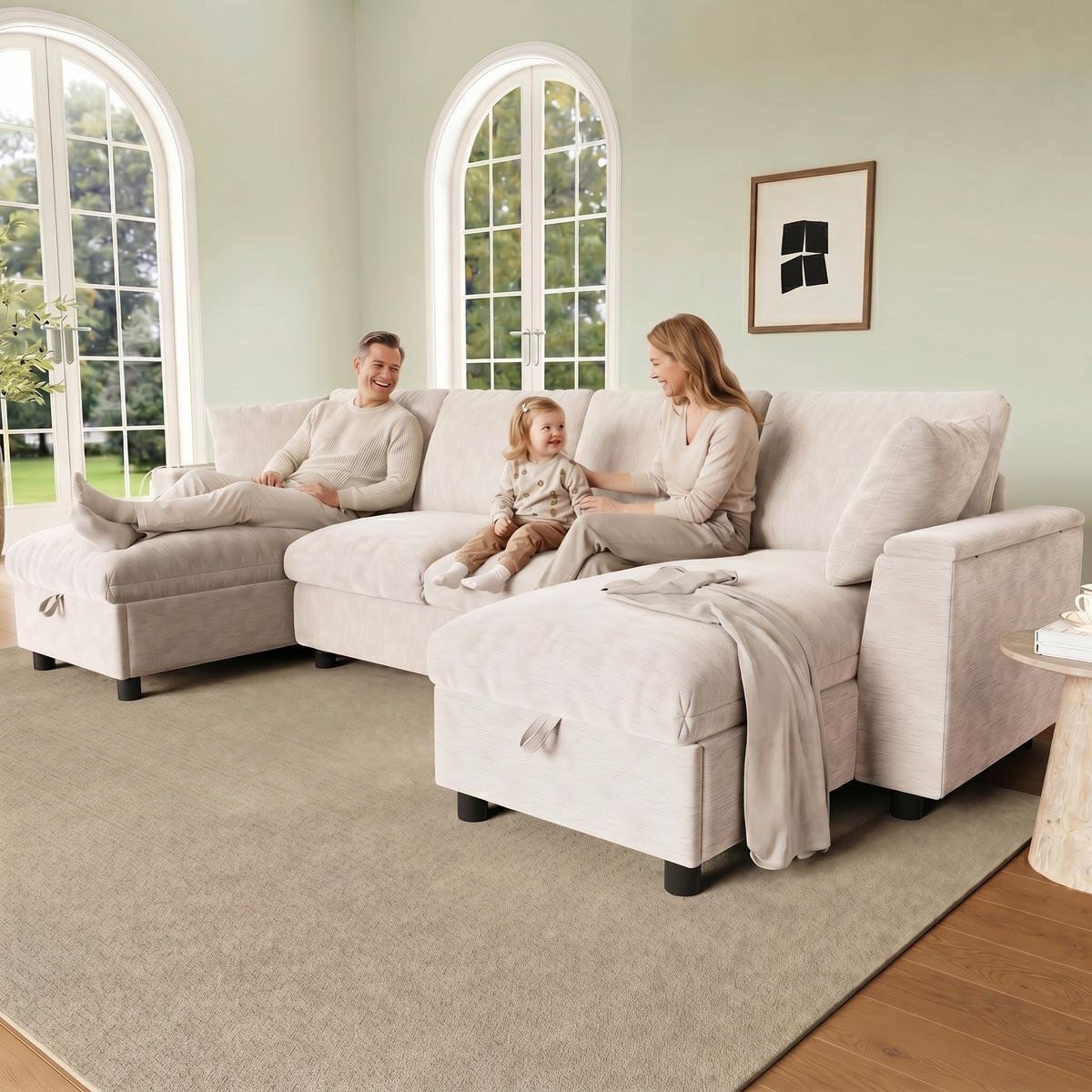CANAPEA U Chenille 2 Locuri USB Beige - bej, material textil (284/84/135cm) - FLIEKS