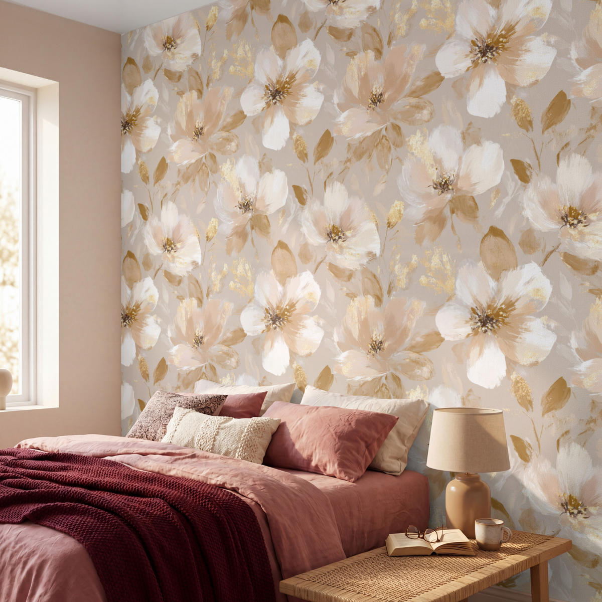 TAPETE - Blumen - künstlerisch - Gold - 260x280 cm - Beige, Papier (260/280cm) - OnlyWow