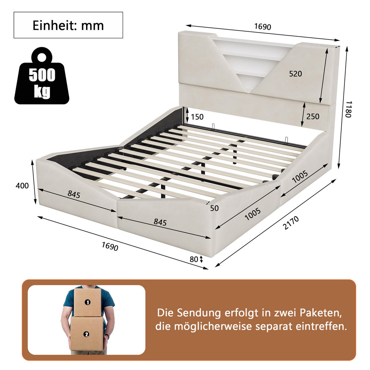 POLSTERBETT 160x200 cm mit Bettkasten, LED & USB, Doppelbett mit Kopfteil Stauraum, Beige - Beige, Metall (160/200cm) - EuroLiving
