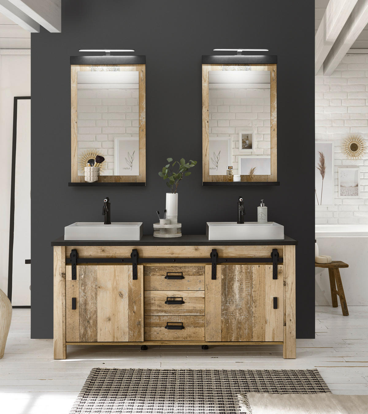 DOPPELWASCHTISCH Used Wood hell, anthrazit, Waschtisch Set inkl. 2 x Waschbecken 164 cm - Eichefarben/Anthrazit, Holz/Holzwerkstoff (164/81/43cm) - Furn.Design