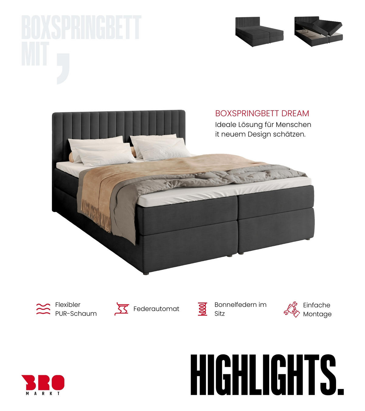 BOXBETT Dream mit Topper 180/200 Anthrazit - Anthrazit, Holzwerkstoff/Textil (180/200cm) - Bromarkt