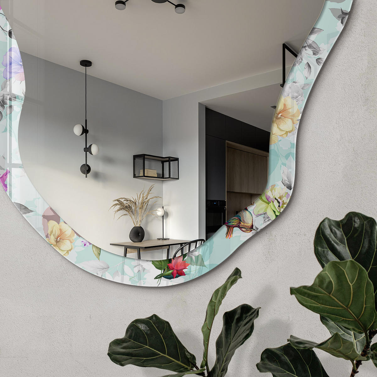 SPIEGEL 90x45 cm asymmetrisch mit Druck - Blumen Vögel - Transparent, Glas (45/90/0.4cm) - TULUP