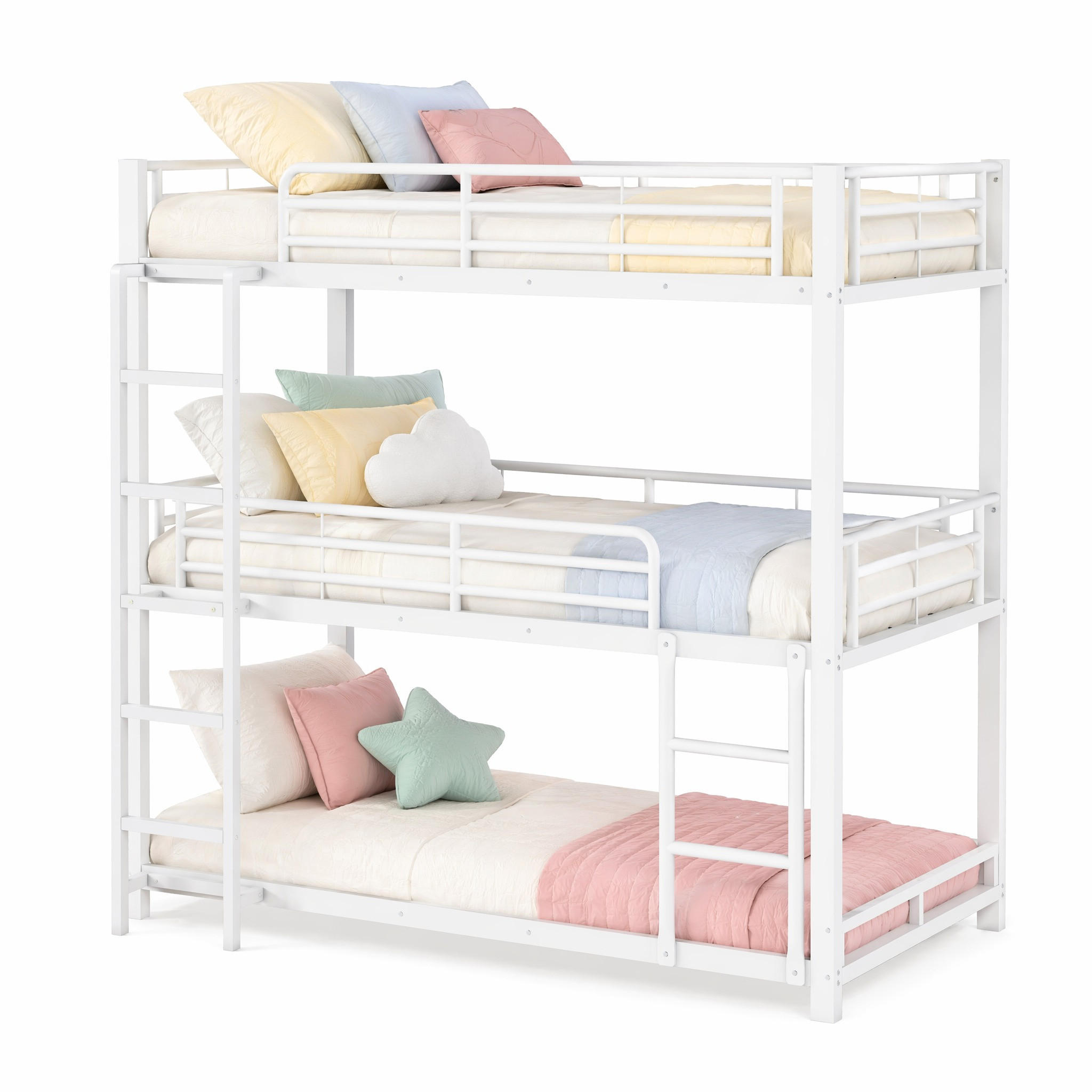 ETAGENBETT 90/200 cm & 90/200 cm & 90/200 cm in Weiß Dreifach-Etagenbett mit Leiter und Schutzgeländern Metall - Weiß, Metall (90/200cm) - STILVORA
