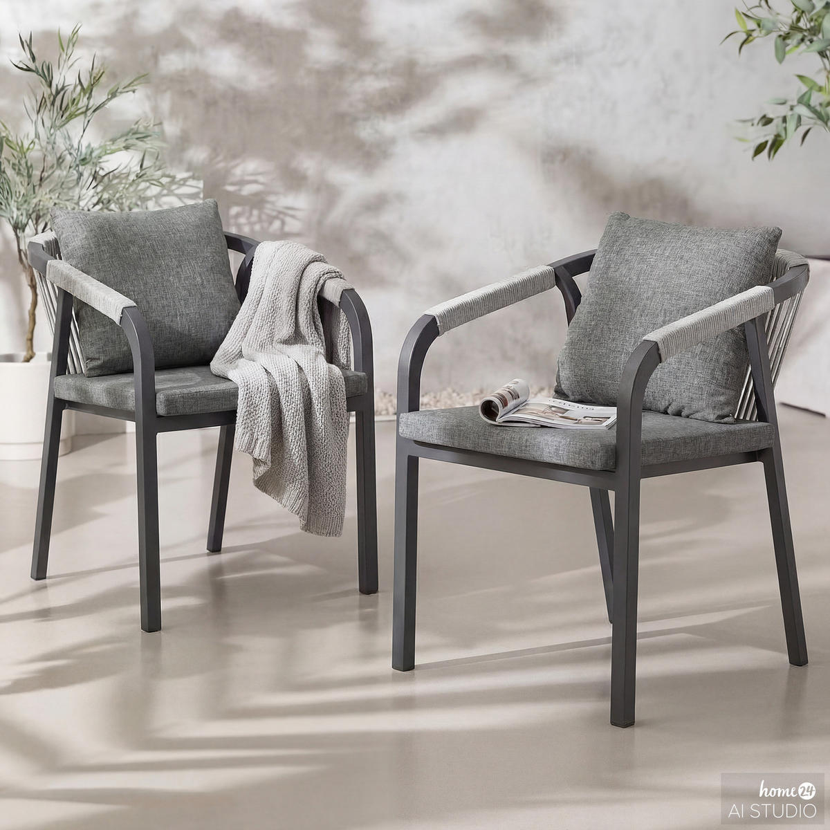 GARTENSTUHL - 2er-Set - Aluminium / Olefin - Anthrazit / Grau - Anthrazit, Textil/Metall (55/74/65cm) - home24