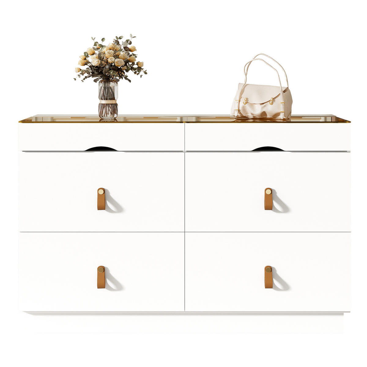KOMODA z MDF a skla 120x40x78 cm biela so 6 zásuvkami, sklenenou doskou a členitým úložným priestorom - biela, sklo (120/78/40cm) - Modfu