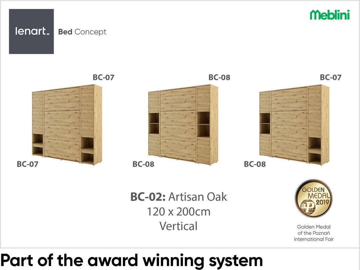 SCHRANKBETT BC-02 - 120x200cm Vertikal - Artisan Eiche mit Matratze - Eiche Artisan, Holzwerkstoff (120/200cm) - Meblini