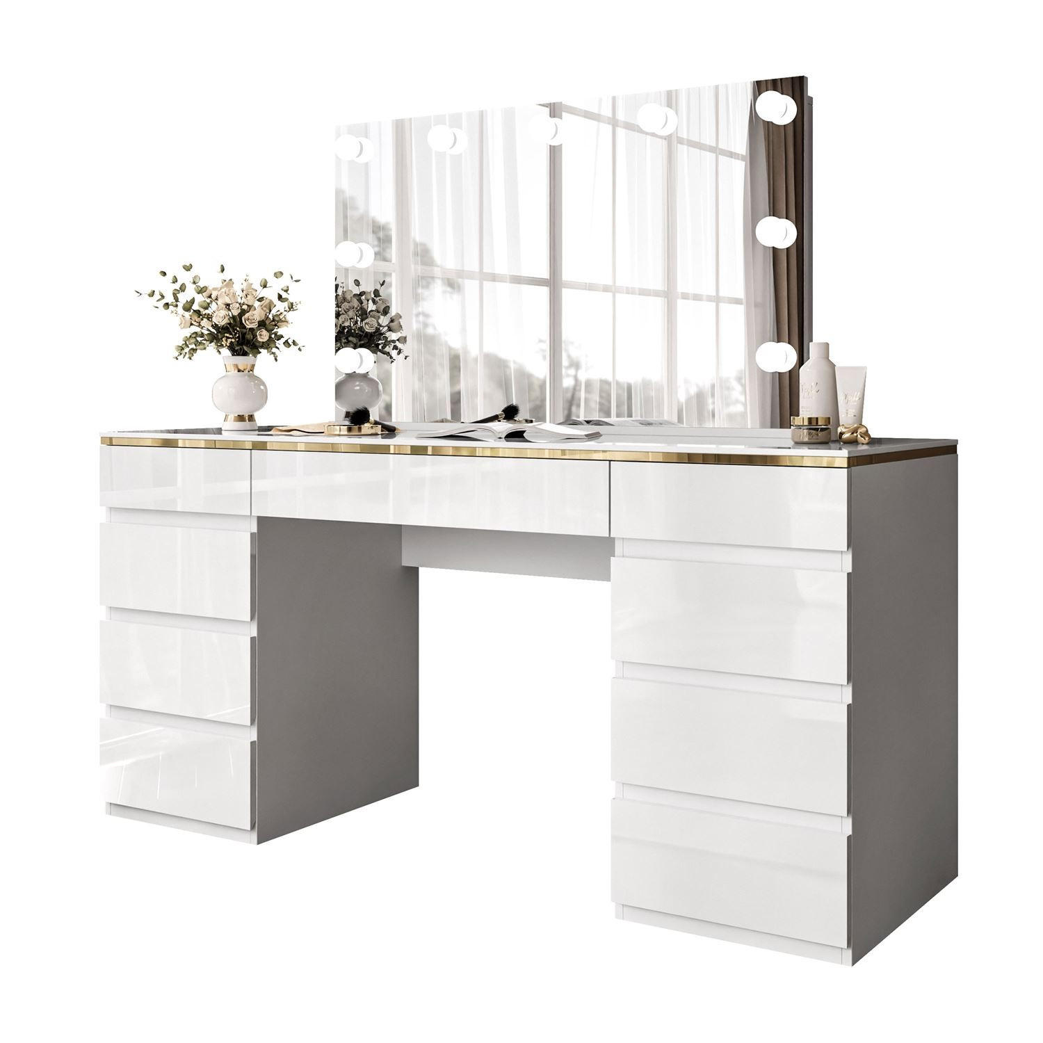 SCHMINKTISCH AURORA DOUBLE GOLD, weiß glänzend - Goldfarben/Weiß, Holzwerkstoff (156.8/79.2/55cm) - Lookway