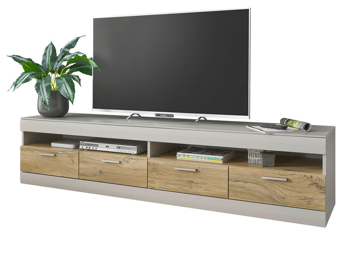 TV-LOWBOARD grau matt, Zinneiche 200, TV Unterteil XXL mit Soft-Close - Eichefarben/Silberfarben, Holzwerkstoff/Metall (200/46/45cm) - Furn.Design