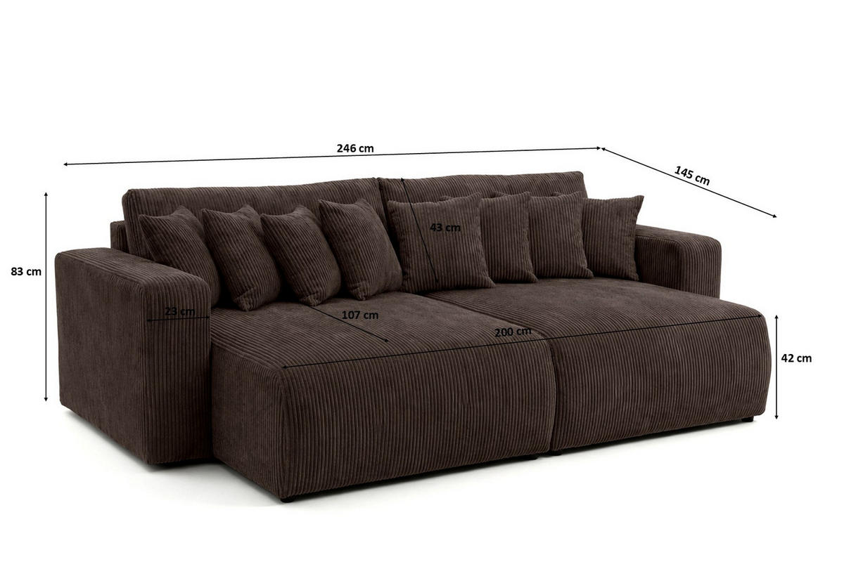 SCHLAFSOFA, Cordstoff Poso, Braun, PIANO DOUBLE - Braun, Holz (246/83/145cm) - Kaiser Möbel