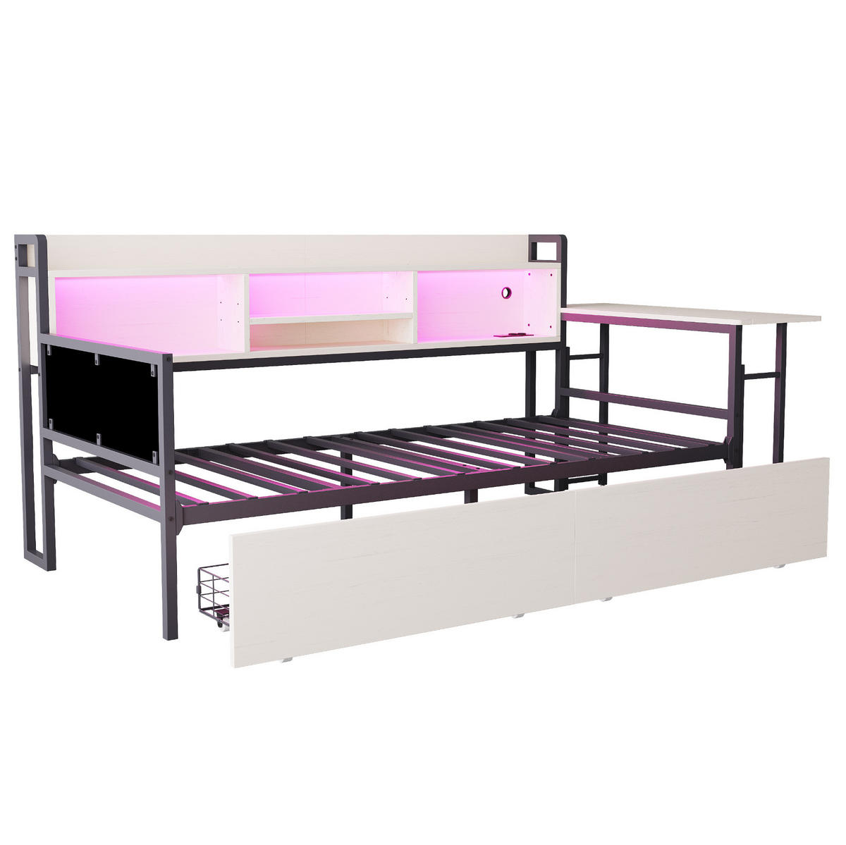 BETT 90/200 cm in Weiß mit LED-Beleuchtung, Schreibtisch und Stauraum - Weiß, Metall (90/200cm) - Flora Grace