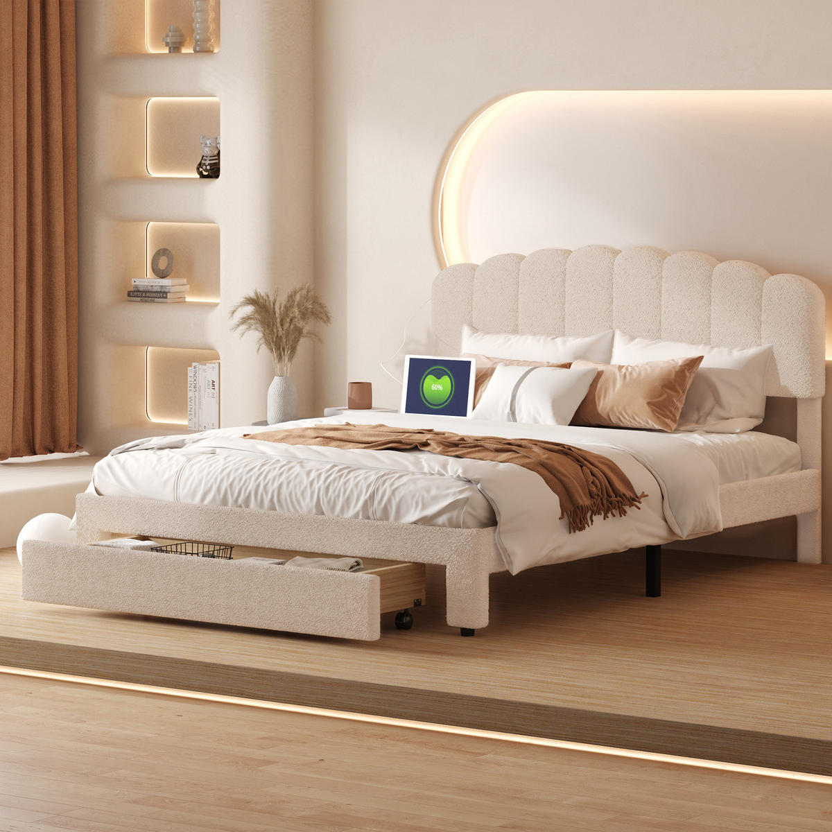 POLSTERBETT 160x200 cm Doppelbett, 1 Stauraumschublade am Fußende, USB & Typ-C-Anschlüsse, Teddy-Stoff in Beige - Beige, Holz (160/200cm) - BRILVERDE