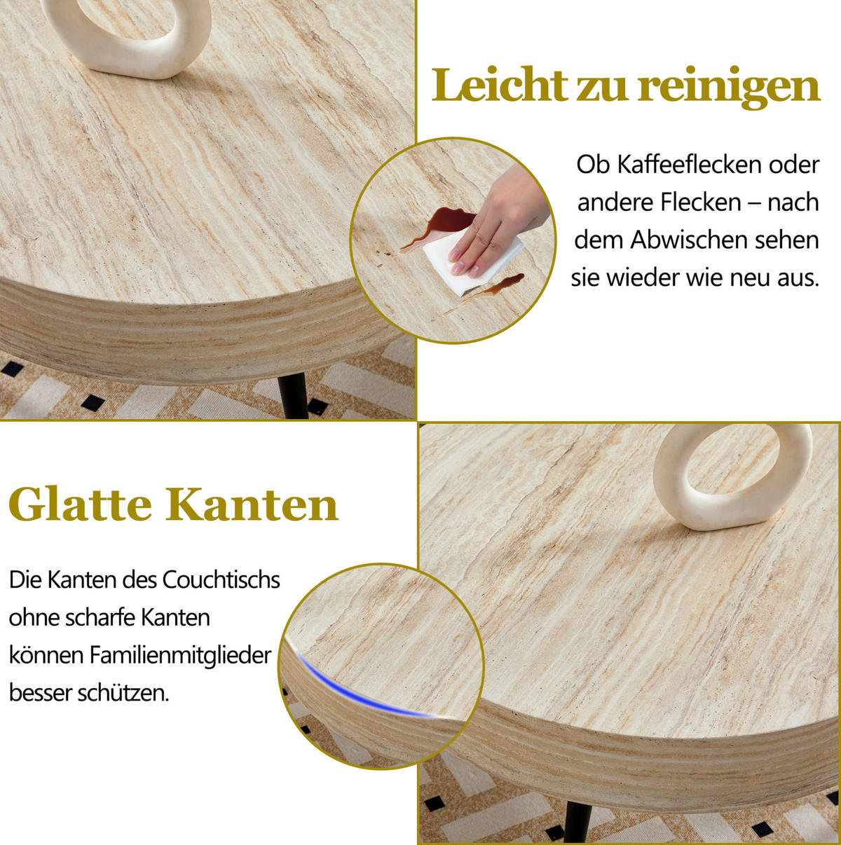 COUCHTISCH 70/35.5 cm in heller Travertin-Optik mit schwarzen Metallbeinen - Schwarz, Holzwerkstoff (70/70/35.5cm) - OKMYHOME