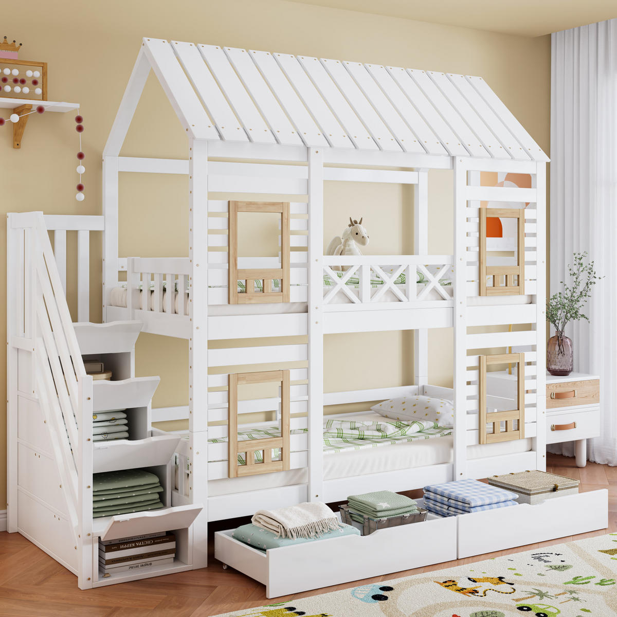 POSCHODOVÁ posteľ 254/95/230 cm biela/prírodná z masívu a MDF s oknami, úložnými schodmi a 2 zásuvkami - biela, drevo (90/200cm) - OKWISH