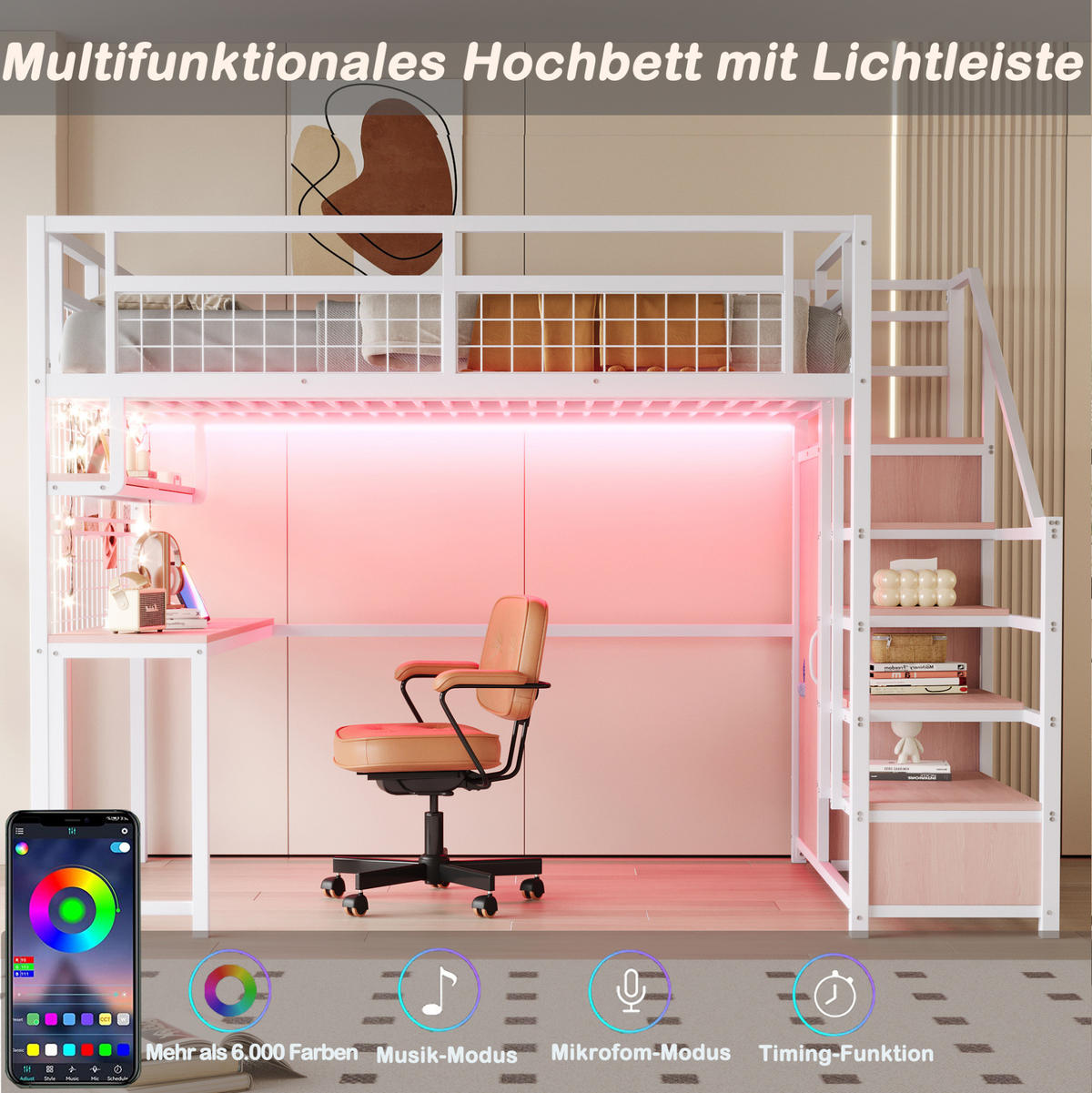 HOCHBETT 140/200 cm aus Metall mit Schreibtisch, Ablage und Kleiderschrank, Weiß - Weiß, Metall (140/200cm) - OKMYHOME