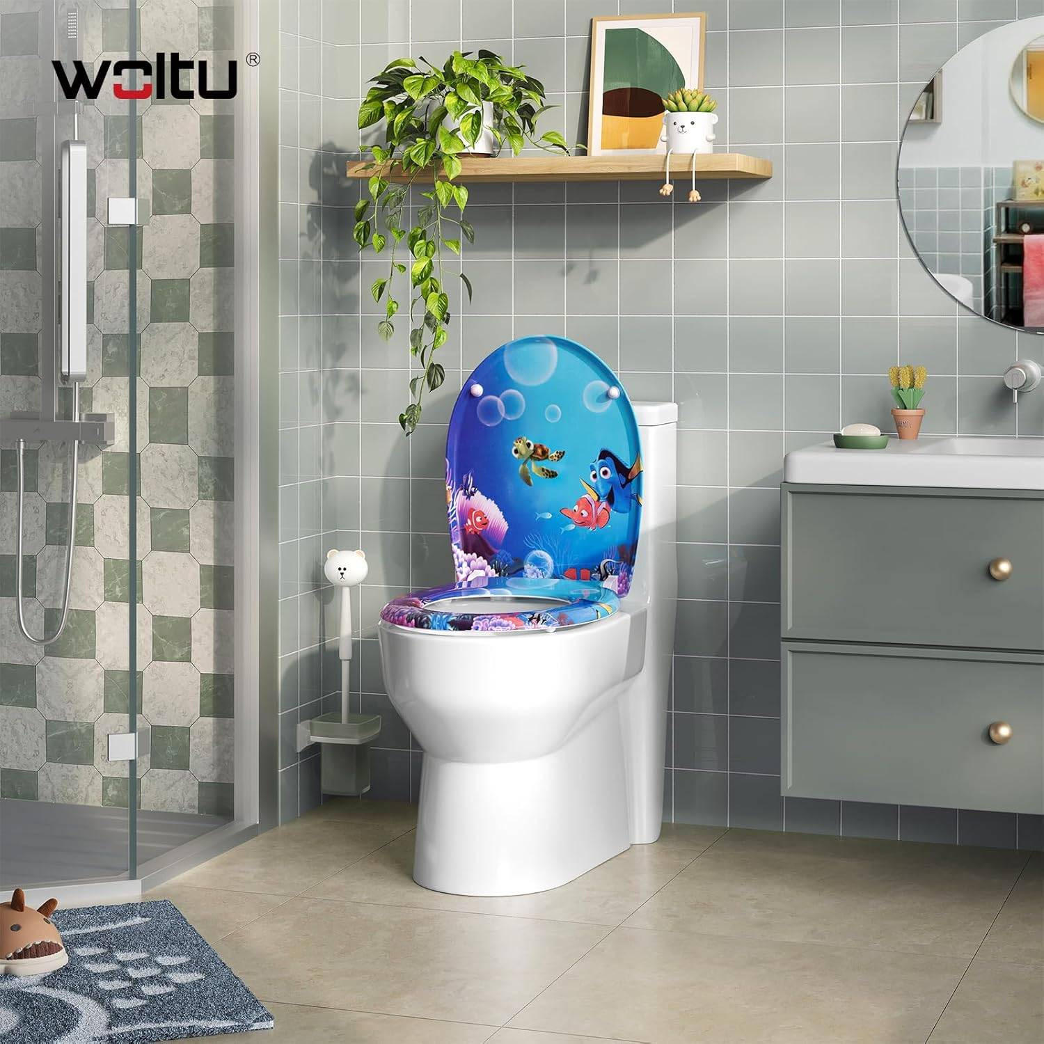 WC SITZ mit Absenkautomatik, Duroplast, Fische Oval - Blau/Weiß, Kunststoff (37/2.51/45cm) - Woltu