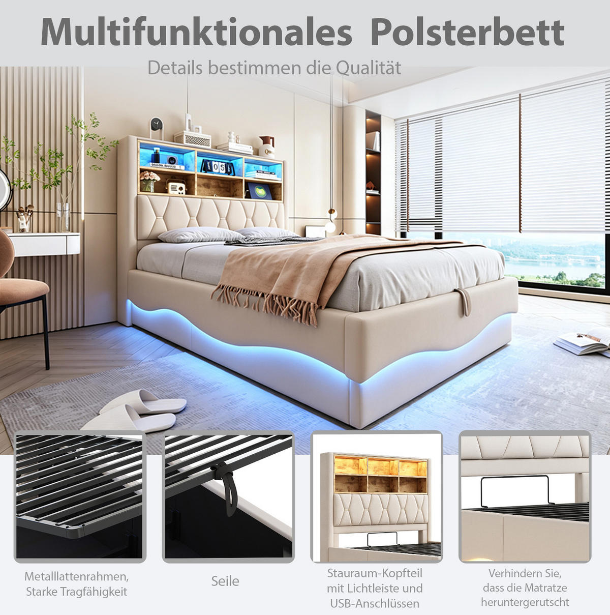 POLSTERBETT 140/200 cm in Beige mit LED-Beleuchtung und Stauraum - Beige, Metall (140/200cm) - Flora Grace