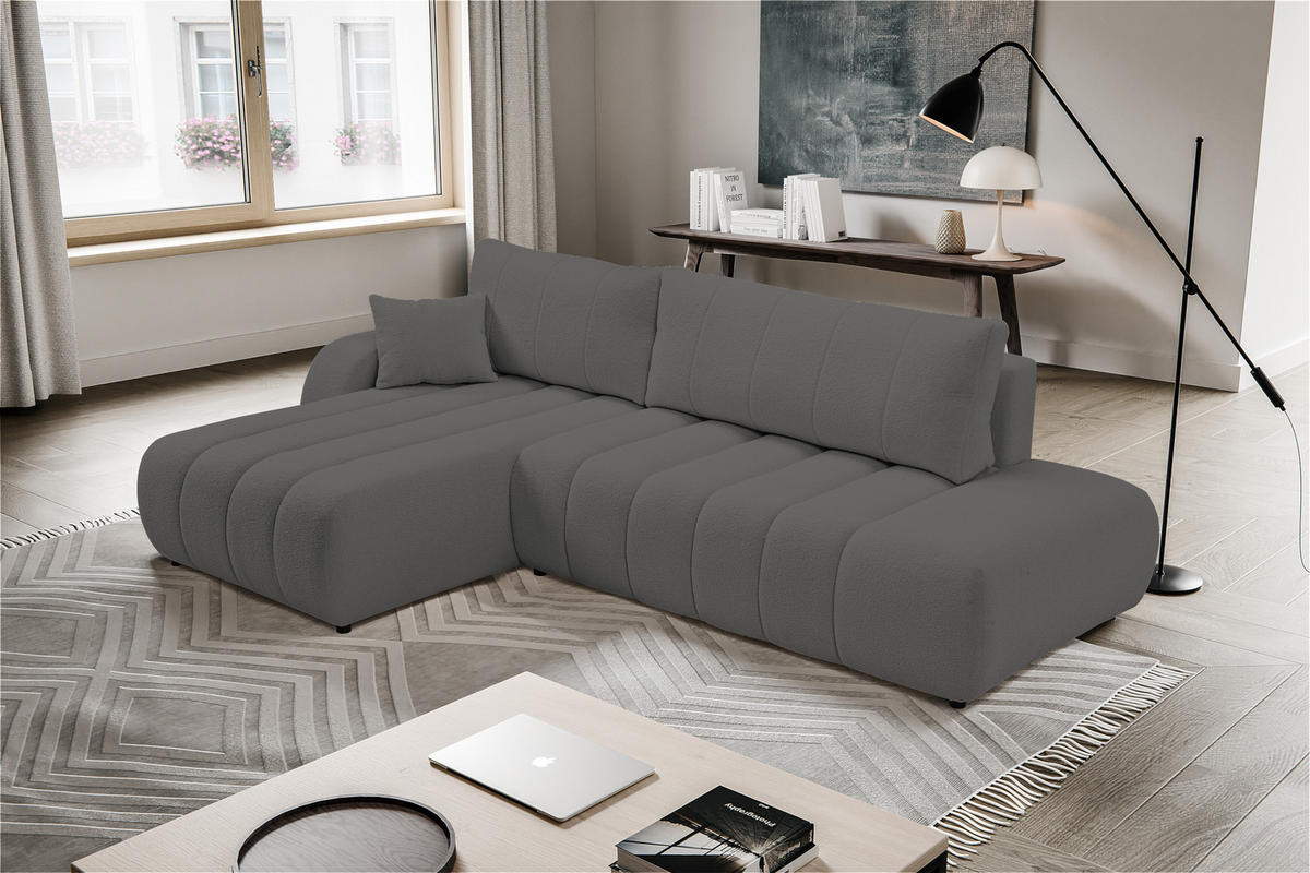 ECKSOFA Baloo mit Schlaffunktion und Bettkasten, komfortable Polsterung, Stoffbezug, lose Rückenkissen, freistehend, LINKS, 176x276x88 cm, Dark grey - Dunkelgrau, Holz/Textil (176/276cm) - DomoHome