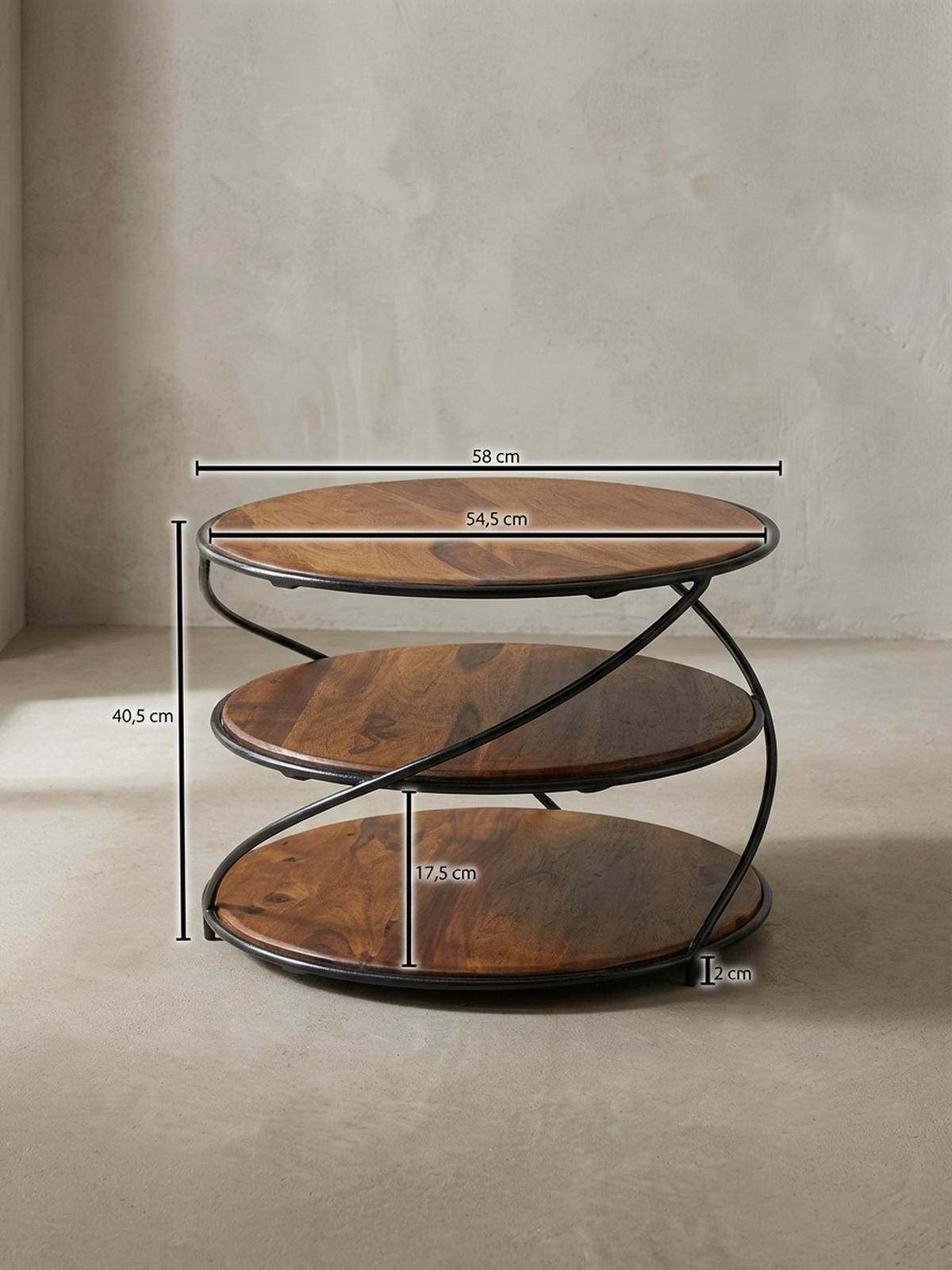 COUCHTISCH aus Sheesham-Massivholz, 58x58 cm, mit 3 Ablageflächen und außergewöhnlichem Design - Schwarz/Braun, Holz/Metall (58/58/40cm) - KADIMA DESIGN