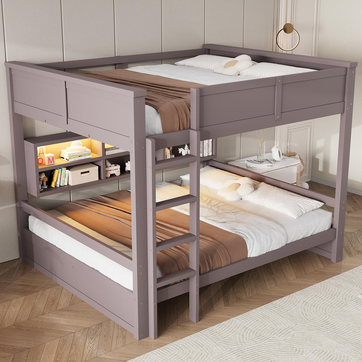 ETAGENBETT 160x200 cm mit sechs Stauraumschränken und LED-Beleuchtung, Kiefernholz & MDF, braun - Braun, Holzwerkstoff (160/200cm) - Luhomfu