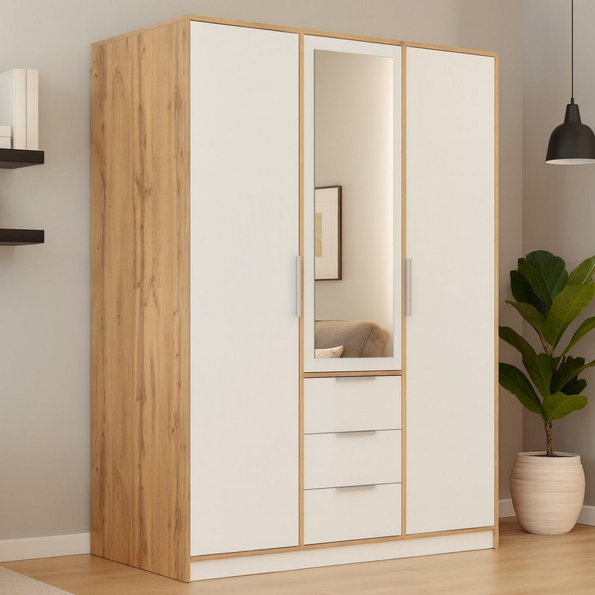 DREHTÜRENSCHRANK Livo mit 3 Türen und 3 Schubladen, weiß+eiche Wotan, 150 cm - Eiche Wotan/Weiß, Holzwerkstoff (150/200/57cm) - Beautysofa