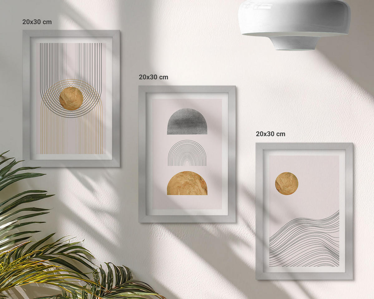 WANDBILDER 3er Set - 20x30 cm Silberner Rahmen - Abstrakte Formen in Beige und Grau - Silberfarben, Kunststoff (20/30cm) - ArtPrintCave