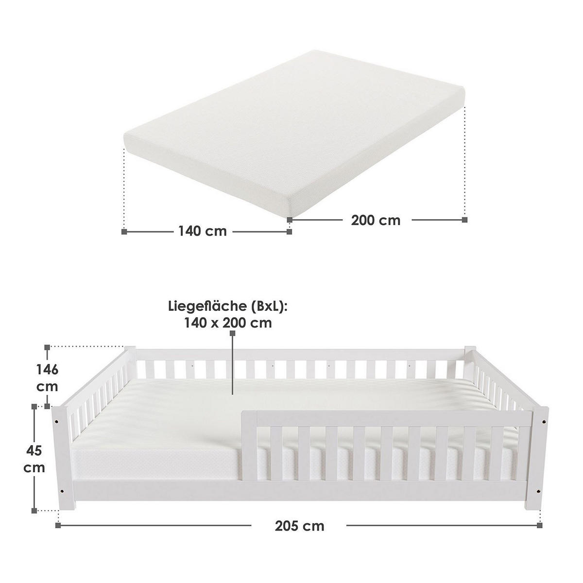 KINDERBETT Naya weiß mit Matratze 140x200 cm - Weiß, Holz (140/200cm) - Juskys