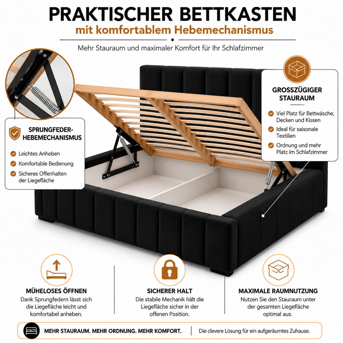 MARPUR Polsterbett NERO 140x200 cm mit Bettkasten und Lattenrost, Schwarz - Chromfarben/Schwarz, Holz/Holzwerkstoff (140/200cm) - Marpur